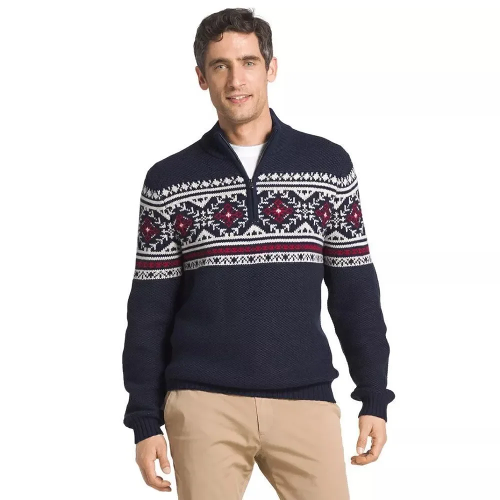 IZOD Navy Blue Fair Isle 1/4 Zip Classic Pullover Sweater XL